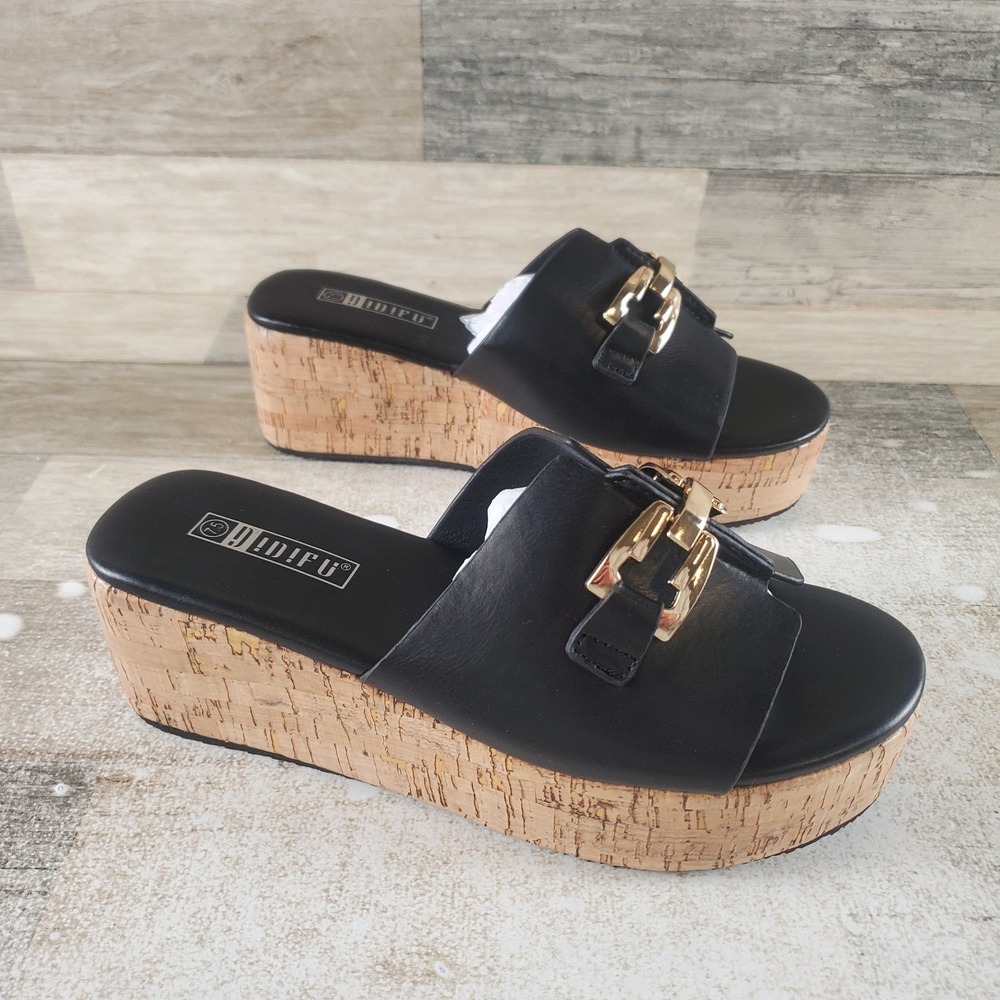 IDIFU IN2 Womens Wedge Sandals Sz 7.5 Black Comfort Slip On Open Toe
